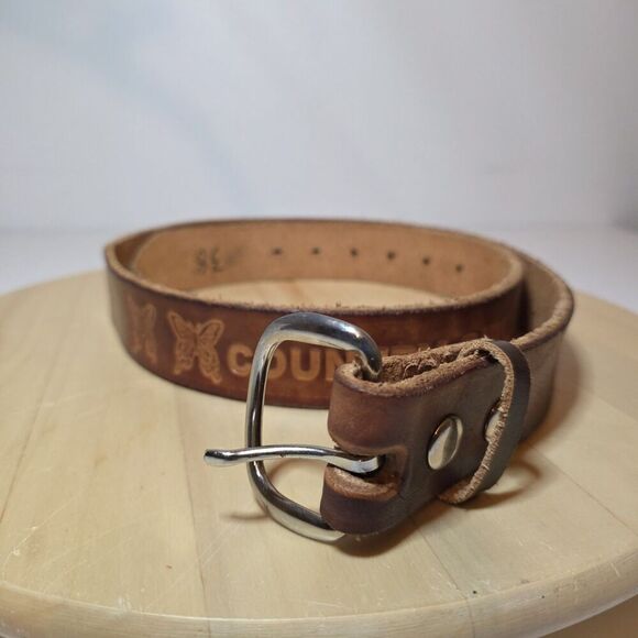 Western Cowgirl Brown Leather Belt Custom Tooled "COUNTRY GIRL HEIDI" Size 38 - Picture 6 of 10